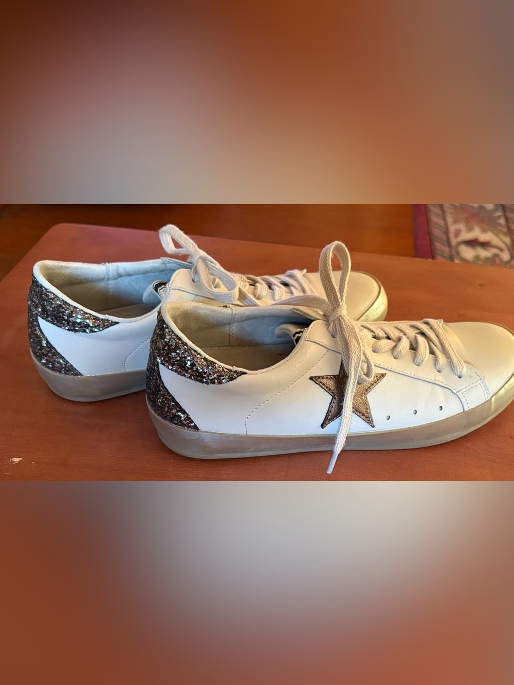 ShuShop White Sneakers with Black Glitter Heel Accents